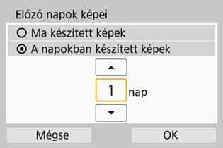 Ha [A napokban készített képek] beállítást választja, akkor az aktuális dátum előtt legfeljebb a megadott számú nappal készült képek jeleníthetők meg.