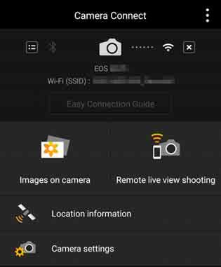 Wi-Fi-kapcsolat létrehozása Az okostelefonon megjelenik a Camera Connect főablaka. Ezzel létrejött a Wi-Fi-kapcsolat az okostelefonnal. A fényképezőgépet a Camera Connect használatával működtetheti.