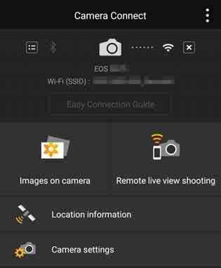 Wi-Fi-kapcsolat létrehozása Az okostelefonon megjelenik a Camera Connect főablaka. Ezzel létrejött a Wi-Fi-kapcsolat az okostelefonnal. A fényképezőgépet a Camera Connect használatával működtetheti.
