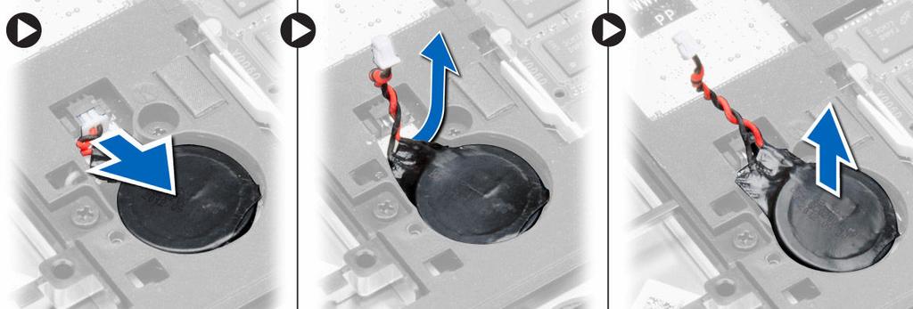 2. Távolítsa el az alábbiakat: a. akkumulátor b. alapburkolat 3. Csúsztassa el, majd csatlakoztassa le a gombelem kábelét az alaplapról. Távolítsa el a gombelemet a számítógépből.