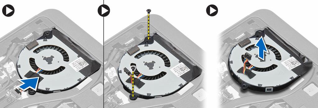 A rendszerventilátor eltávolítása 1. Kövesse a Mielőtt elkezdene dolgozni a számítógép belsejében című fejezet utasításait. 2. Távolítsa el az alábbiakat: a. akkumulátor b. SD kártya c.