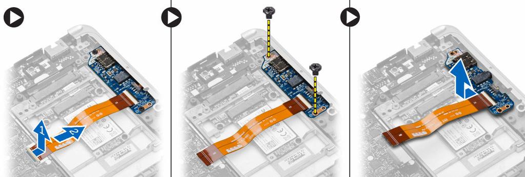 Az I/O panel eltávolítása 1. Kövesse a Mielőtt elkezdene dolgozni a számítógép belsejében című fejezet utasításait. 2. Távolítsa el az alábbiakat: a. SD kártya b. akkumulátor c. alapburkolat d.