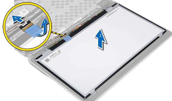 a. Fejtse le az LVDS kábelcsatlakozó szalagot [1]. b. Csatlakoztassa le az LVDS kábelt a kijelzőpanelről [2]. c. Távolítsa el a kijelzőpanelt a kijelző szerkezetről [3]. A kijelzőpanel beszerelése 1.