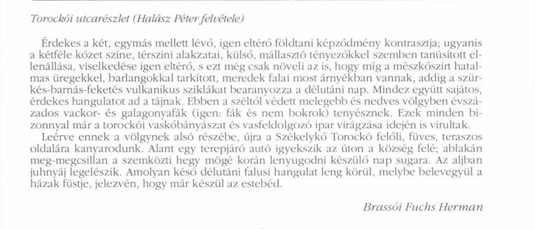 Torockói utcarészlet (Halász Péterfelvétele) Érdekes a két, egymás mellett lévő, igen eltérő földtani képződmény kontrasztja; ugyanis a kétféle kőzet színe, térszíni alakzatai, külső, mállasztó