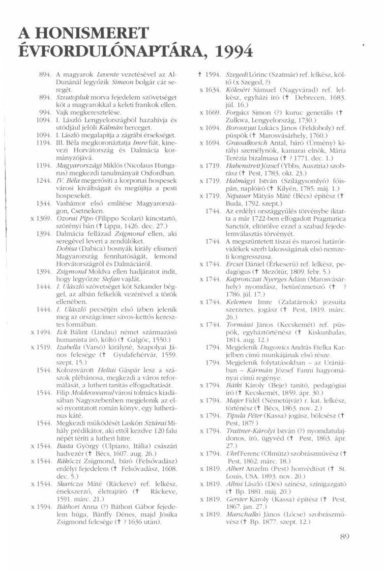 A HONISMERET ÉVFORDULÓNAPTÁRA, 1994 894. A magyarok Levente vezetésével az AI- t 1594. Dunánál legyőzik Simeon bolgár cár seregét. x1634. 894. Szvatopluk morva fejedelem szövetséget köt a magyarokkal a keleti frankok ellen.