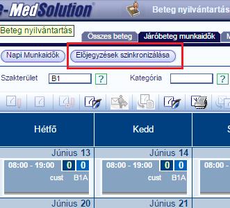 4.3 Előjegyzés szinkrnizálás A járóbeteg munkaidők képernyőre felkerült egy új, Előjegyzések szinkrnizálása gmb, ami csak akkr jelenik meg, ha az EESZT-hez tartzó rendszer- és felhasználó paraméter