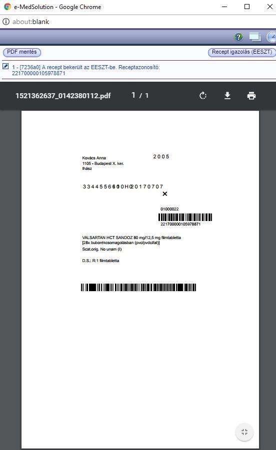 A receptre rákerül az EESZT aznsító és annak vnalkóds megjelenítése a naplószám alá.