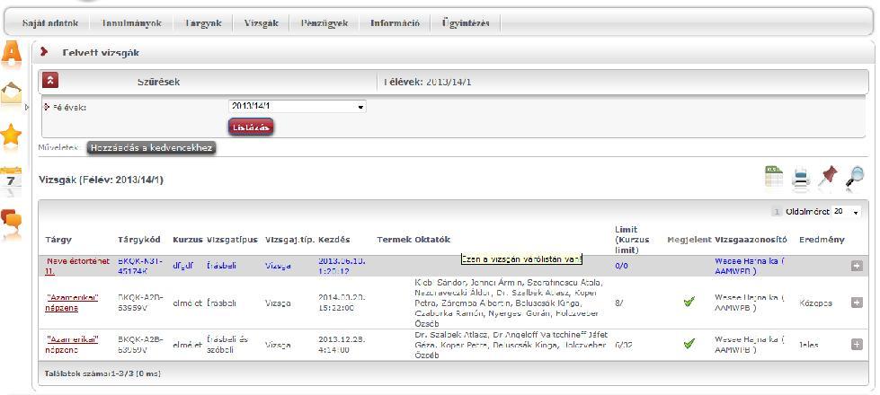Lehetőség van az összes vizsga excel exportjára.