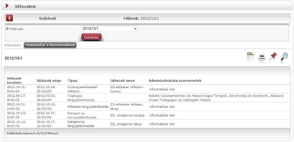 8. Információ 8.1. Időszakok Ez a felület féléves bontásban tartalmazza a fontosabb időszakok adatait, mint pl.