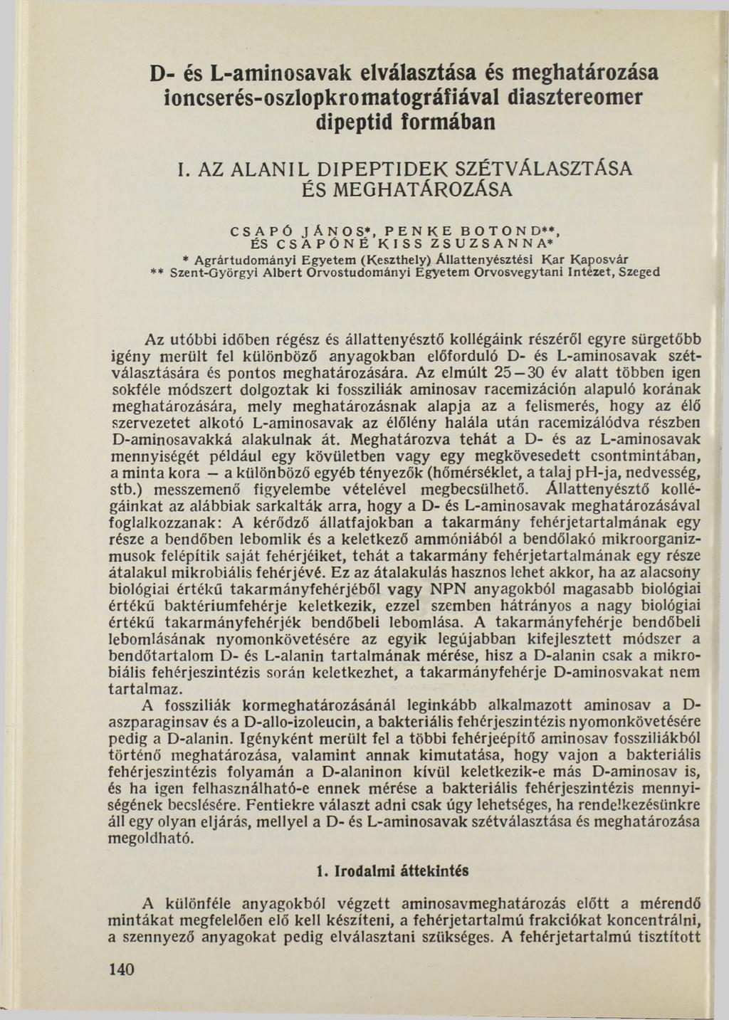 D- és L-aminosavak elválasztása és meghatározása ioncserés-oszlopkromatográfiával diasztereomer dipeptid formában I.