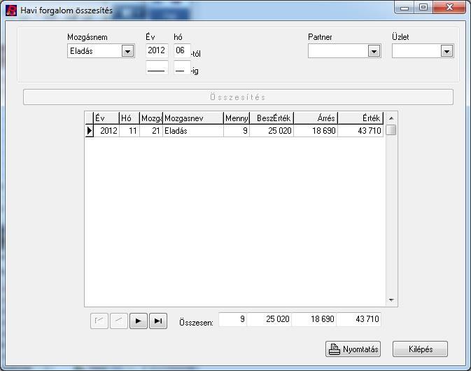 Havi összesítés A havi összesítés menüpontban lekérdezhető a kiválasztott mozgástípus havi