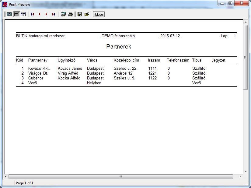 A bevitt partner adatok a Nyomtatás nyomógombbal kinyomtathatók. A nyomtatás indításakor megjelenik az alábbi Print Preview - képernyő ablak, ahol a nyomtatás előtt a nyomtatási kép áttekinthető.