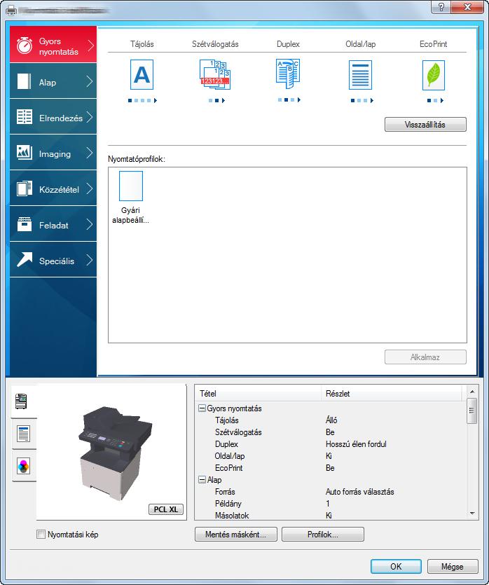 Nyomtatás számítógépről > Nyomtatás számítógépről Nyomtató illesztőprogram nyomtatási beállítás képernyő A nyomtató illesztőprogram nyomtatási beállítások képernyője lehetővé teszi a nyomtatással