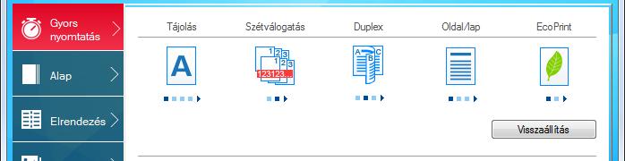 Printing System Driver User Guide 1 3 2 Szám Leírás 1 [Gyors nyomtatás] fül Olyan ikonokat biztosít, amelyek segítségével egyszerűen konfigurálhatók a gyakran használt funkciók.