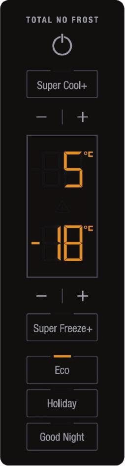 KEZELŐPANEL ÉS A HŐMÉRSÉKLET BEÁLLÍTÁSA Használati és kezelési útmutató 1. Be/ki 2. A hűtő hőmérsékletének szabályozása 3. Hűtő kijelzője 4. Figyelmeztető ikon 5. Fagyasztó kijelzője 6.