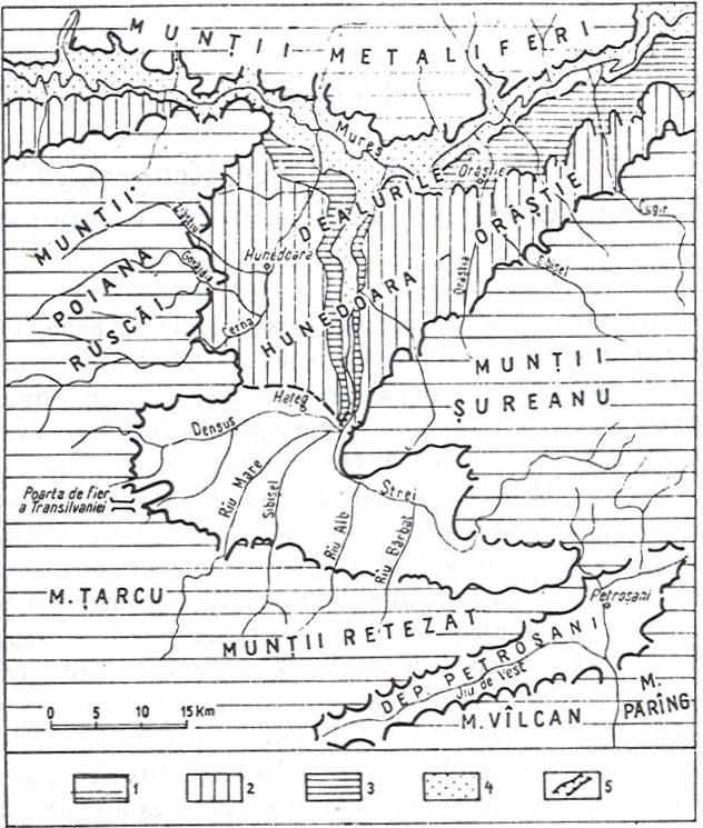 15. ábra. A Hátszegi medence nagy morfológiai egységei (Ilȋescu, Gh.) 1. hegyvidék, 2. dombvidék, 3. teraszok, 4. alluviális síkság, 5.