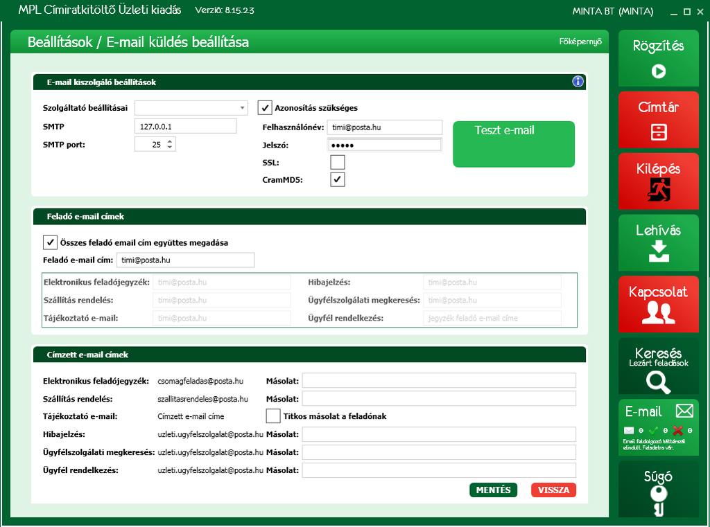 Oldal: 23 / 68 24. E-mail küldés beállítása 5.5 Elektronikus feladójegyzék küldés beállítása Adja meg az elektronikus feladójegyzék alapértelmezett közvetítő csatornáját.
