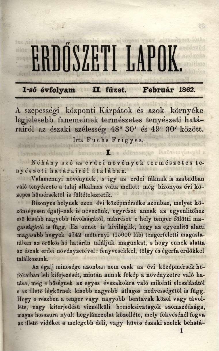 ERDŰSZETI LAPOK. l-ső évfolyam. II. füzet. Február 1862.
