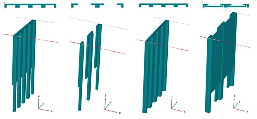 Szádcölöpelem a) Axis modell; b) Plaxis 3D modell Számos variációs lehetőség áll rendelkezésre a vasbeton szádcölöpelemcsalád katalógusából, melyeket kombinálva, optimalizálva gazdaságos és