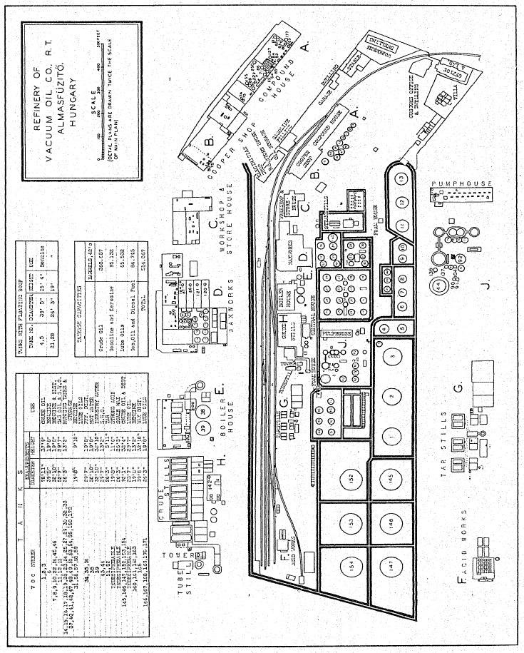 13. ábra Egy amerikai hírszerzési összefoglalóból származó alaprajz az almásfüzit i k olaj-finomítóról (Air Force Historical Research