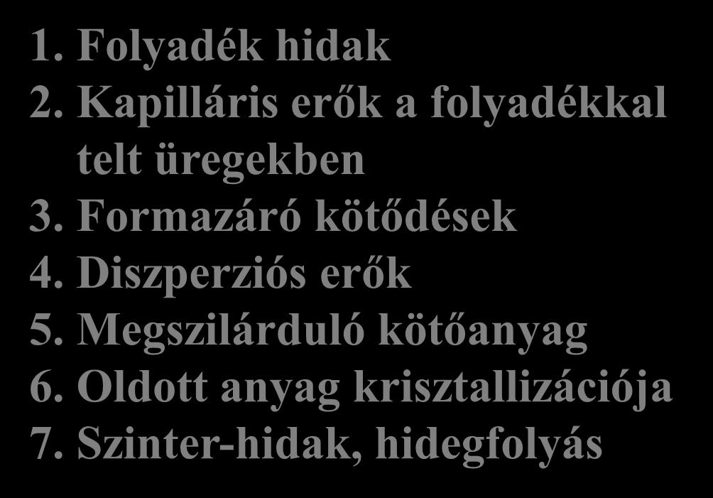 L. 27. dia 1. Folyadék hidak 2. Kapilláris erők a folyadékkal telt üregekben 3. Formazáró kötődések 4.