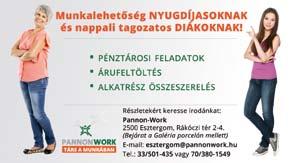 Amit kínálunk: munkavégzés napi 8 órában, egymûszakos munkarend, cafeteria. Kezdõ órabér: bruttó 1.800,- Ft Jelentkezni lehet: 2500 Esztergom, Schweidel J. u. 50.; Email: uveges@scinvest.hu; Tel.