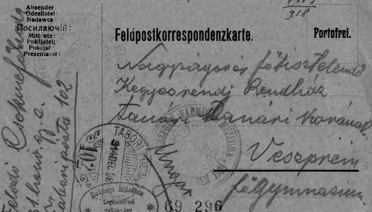 VESZPRÉMI SZEMLE 2014/2 Csekme Károly főhadnagy tábori levelezőlapja Laczkó Dezsőhöz, 1914.