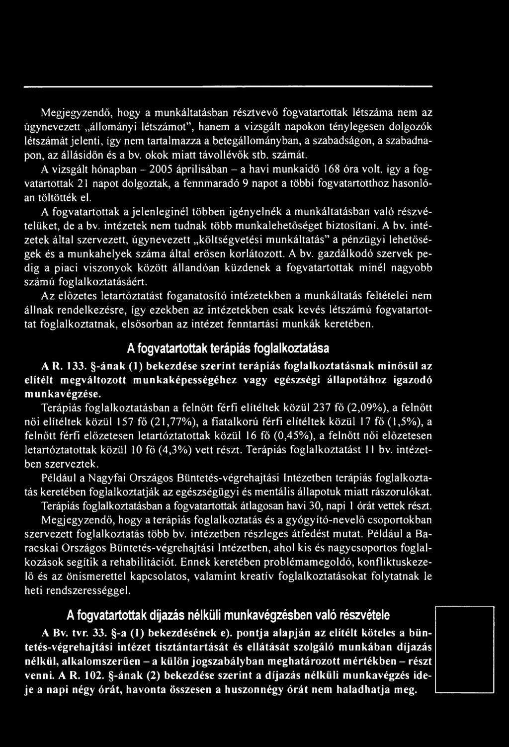 A vizsgált hónapban - 2005 áprilisában - a havi munkaidő 168 óra volt, így a fogvatartottak 21 napot dolgoztak, a fennmaradó 9 napot a többi fogvatartotthoz hasonlóan töltötték el.