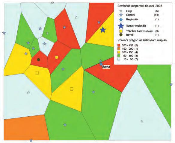A kereskedelmi hálózat szerkezeti változásának elemzéshez a Voronoi-féle diagramot használtuk (2. ábra), amely leíró, prognosztizáló és heurisztikus célokra egyaránt alkalmazható.