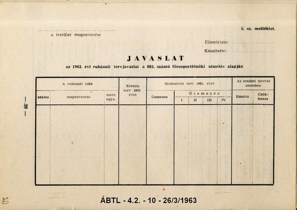 5. sz. m elléklet. a testület m egnevezése E llenőrizte:... Készítette:... J A V A SLAT az 1963. évi ru h ázati terv ja v a sla t a 003.