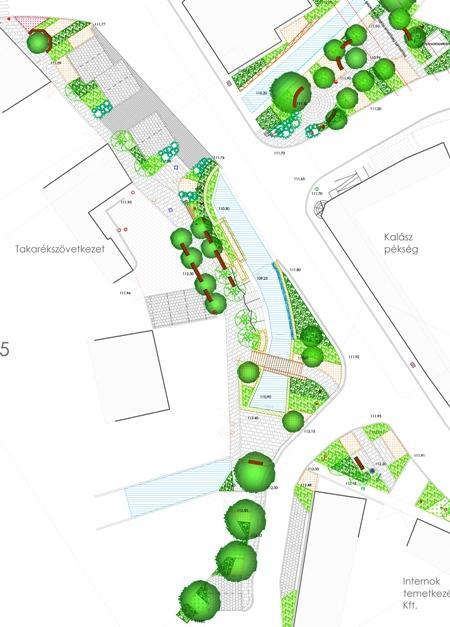 kőris fasort kiegészítve gömb lombkoronát nevelő fa ültethető (magas törzsű gömb csepleszmeggy), a meglévő fákat a parkoló autóktól a kiemelt szegély és a favédő rács is védi, a Takarék-bank