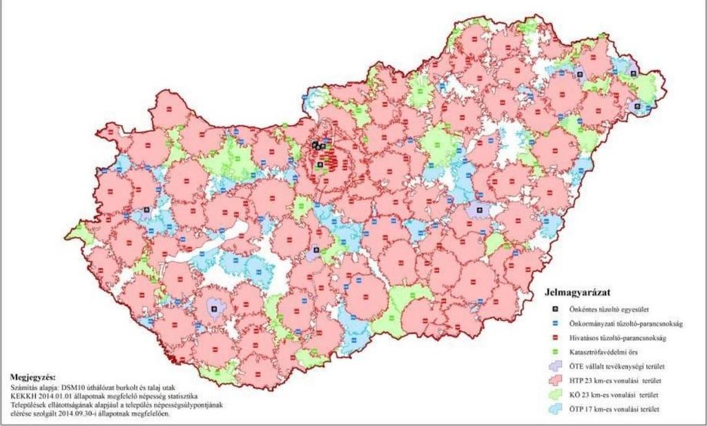3. ábra: Tűzoltóságok úthálózatra vetített 25 perces ellátási területe 2014-ben [5] TECHNIKAI FEJLESZTÉSEK Az átszervezés után megindult a fejlődés a műszaki-technikai területen is.
