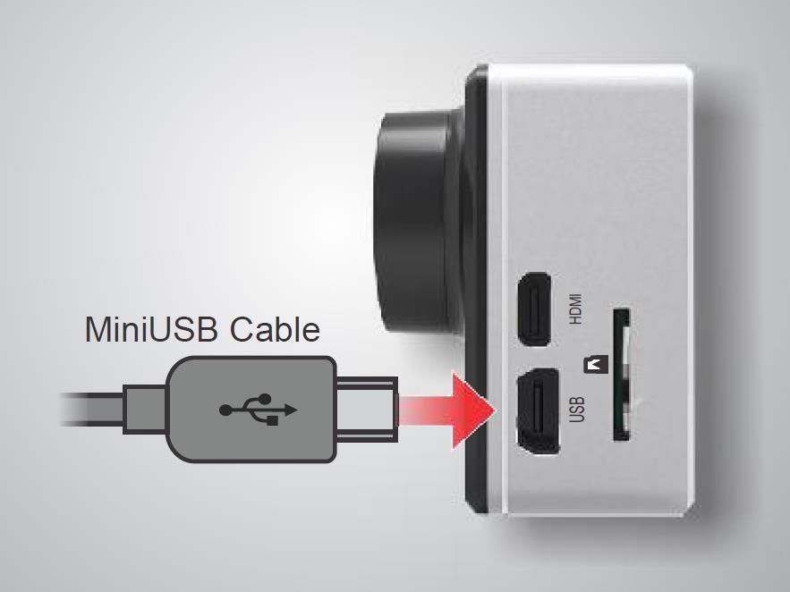 USB KÁBEL CSATLAKOZTATÁSA 1. Dugja be a mellékelt USB kábel miniusb végét az ábra szerint a kamera USB aljzatába. 2.