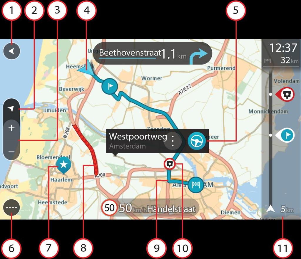 A képernyőn látható elemek A térkép nézet A térkép nézet olyankor látszik, ha nincs tervezett útvonala. Amint a START megtalálja a GPS helyet, megjelenik az Ön aktuális pozíciója.