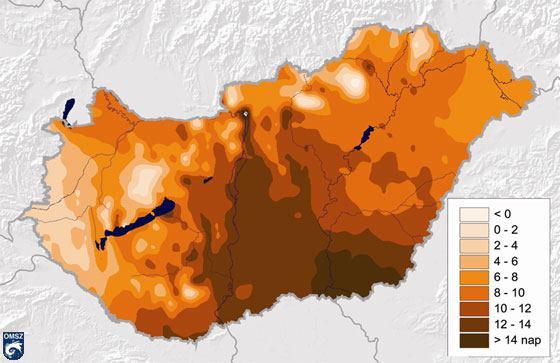 5. ábra Hőhullámos napok száma (napi középhőmérséklet > 25 C) az 1980-2009-es időszakban, rácsponti trendbecslés