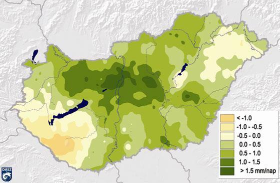 6. ábra A nyári átlagos napi csapadékintenzitás (átlagos csapadékosság) változása az