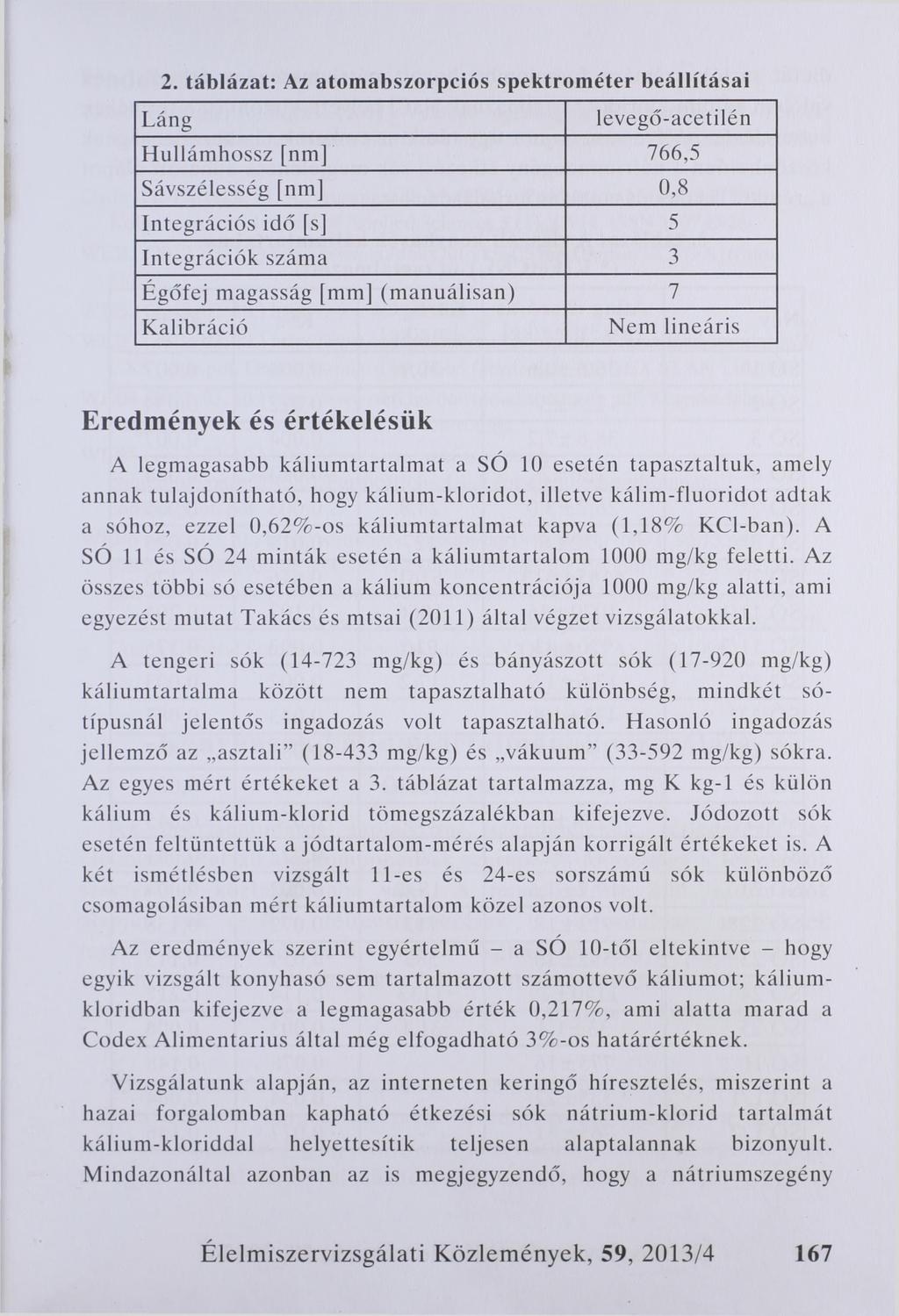 2. táb lázat: Az a to m a b sz o r p c ió s sp e k tr o m é te r b e á llítá sa i Láng levegő-acetilén Hullámhossz [nm] 766,5 Sávszélesség [nm] 0,8 Integrációs idő [s] 5 Integrációk száma 3 Égőfej