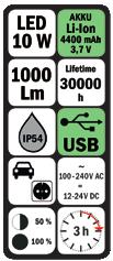 Cikkszám 130348 LED 10 W + LED 3 W Kompakt fényszóró HUPlight10pro Cikkszám 130344 LED 10 Watt Beépített akkumulátorral Li-Ion 3,7 V/ 4,4 Ah 62, 00 53, 32 LED 10 Watt kiválló minőségű és masszív ház