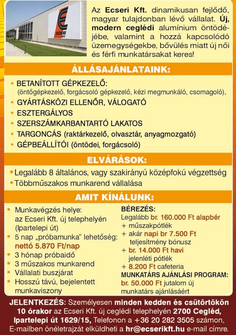 :37961/2001-0100) NANOFÉMTECH Kft keres betanított fémipari munkára 2 műszakos munkarendben 20 és 50 év közötti férfi munkatársakat azonnali kezdéssel, hosszú távra.