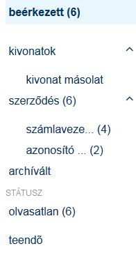 4. Mappák Az egyes mappák nevei mellett megjelenítésre kerül az adott mappában lévő olvasatlan dokumentumok száma.