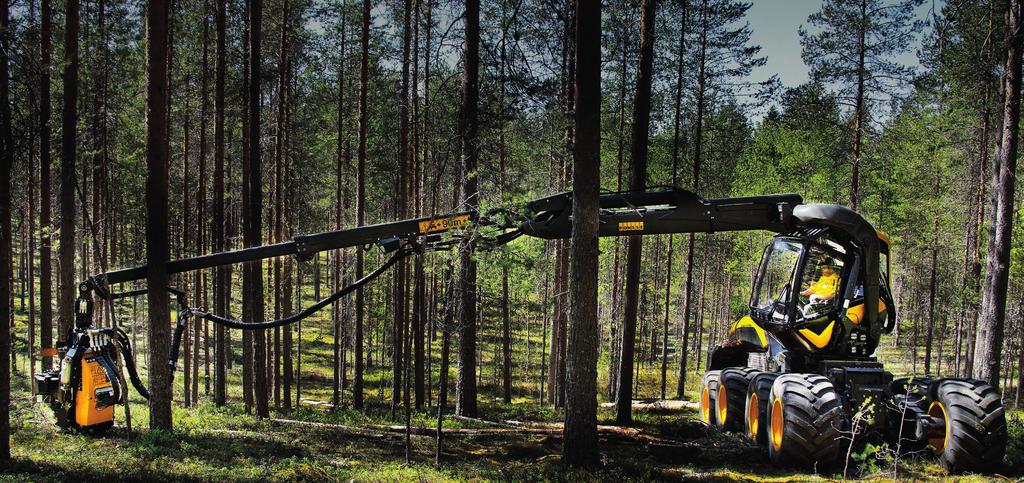 PONSSE SCORPION HARVESTER KIEMELKEDŐ ERŐ ÉS ERGONÓMIA Egyedüli kilátás a kabinból és manőverezhetőség, legyőzhetetlen stabilitás, erő és termelékenység minimális talajnyomással figyelve a természeti