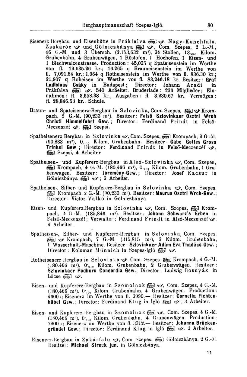 80 Eisenerz Bergbau und Eisenhütte in Prákfalva x&, Nagy-Kunchfalu, Zsakaróc x& und Gölniczbánya g&ű Com. Szepes, 2 L.-M., 46 G.-M. und 3 Übersch. (2.153,632 m 2 ), 24 Stollen, 13. C00 Kilom.