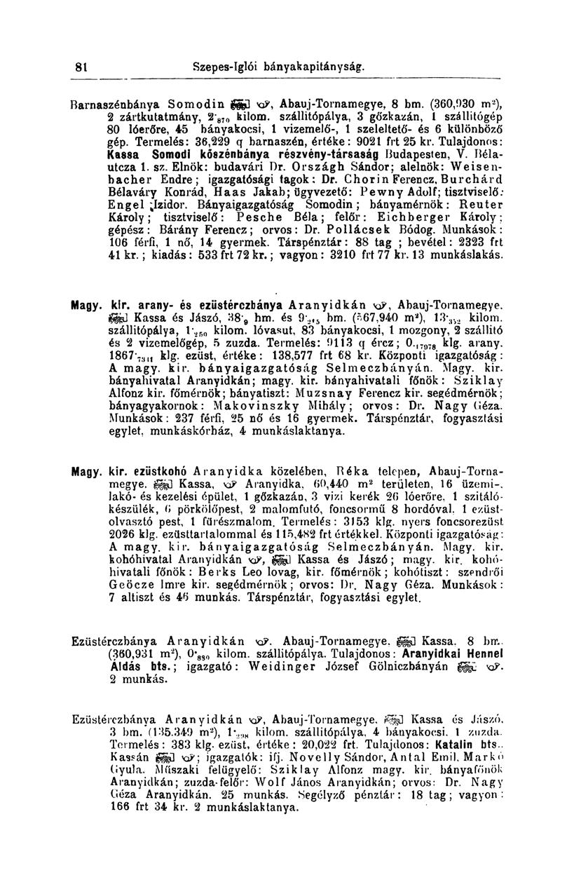 81 Szepes-íglói bányakapitányság. Barnaszénbánya Somodin Abauj-Tornámegye, 8 bm. (360,030 m 3 ), 2 zártkutatmány, 2' 870 kilom.