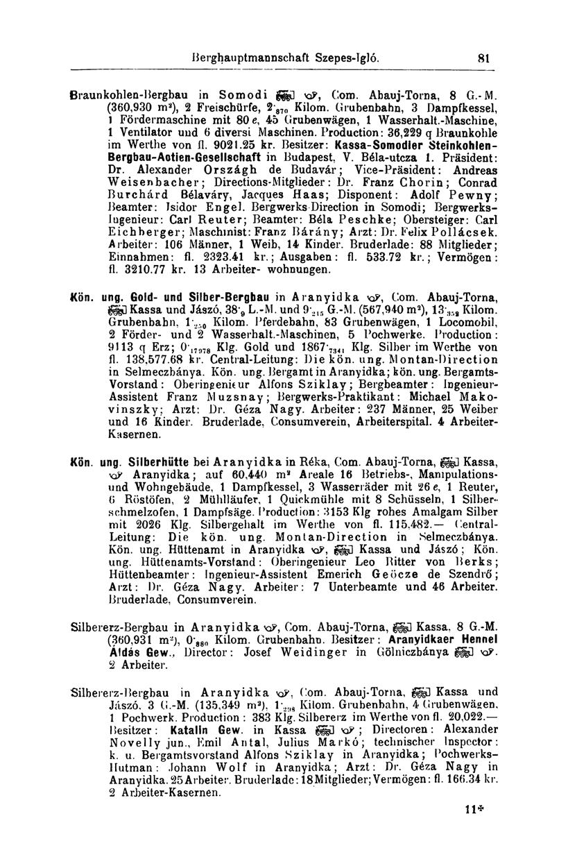 Berghauptmannschaft Szepes-Igló. 8t Braunkohlen-Bergbau in Somodi gggg KP, Com. Abauj-Torna, 8 G.-M. (360,930 m a ), 2 Freischürfe, 2 870 Kilom.