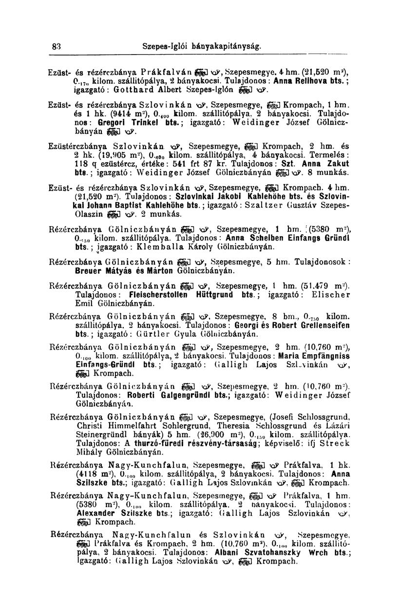 83 Szepes-íglói bányakapitányság. Ezüst- és rézérczbánya P rákfalván g&ü xp, Szepesmegye. 4 hm. (21,520 m J ), C. t7 kilom. szállitópálya, 2 bányakocsi. Tulajdonos: Anna Rellhova bts.