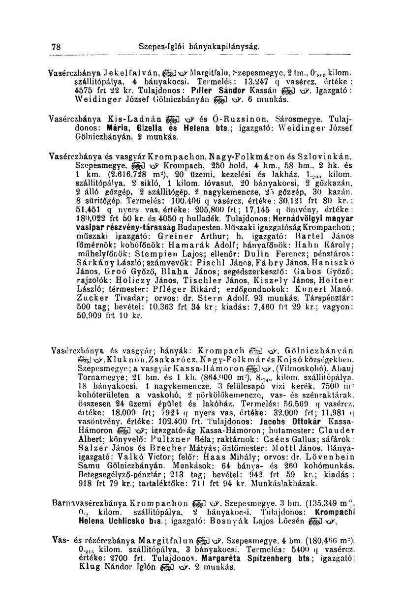78 Vasérczbánya J ekel falván, \P Margitfalu, Szepesmegye, 2 lm., 0' 8ro kilom. száilitópálya, 4 bányakocsi. Termelés: 13,247 q vasércz, értéke: 4575 frt 22 kr. Tulajdonos: Pillér Sándor Kassán KP.