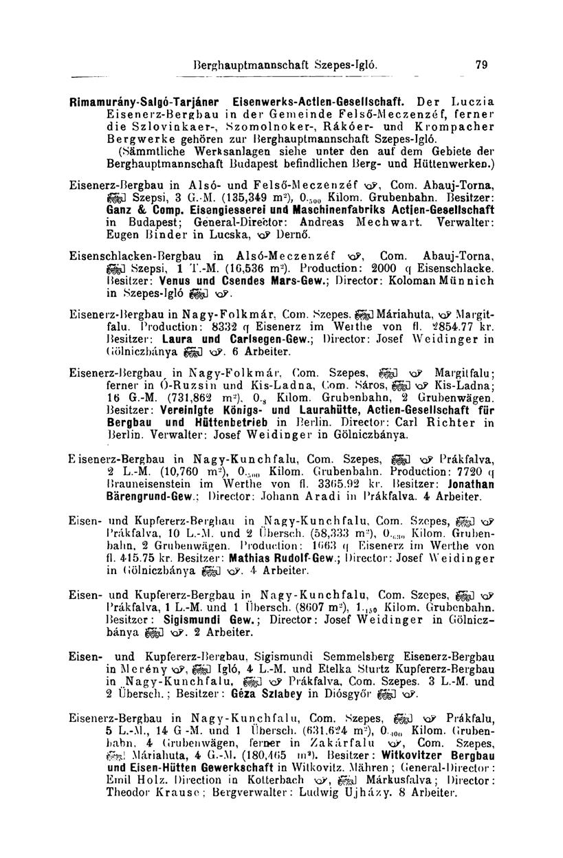 Berghauptmannschaft Szepes-Igló. 79 Rimamurány-Salgó-Tarjáner Eisenwerks-Actien-Geselischaft.