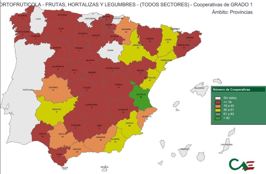 Primer kertészeti szövetkezetek eloszlása Spanyolországban
