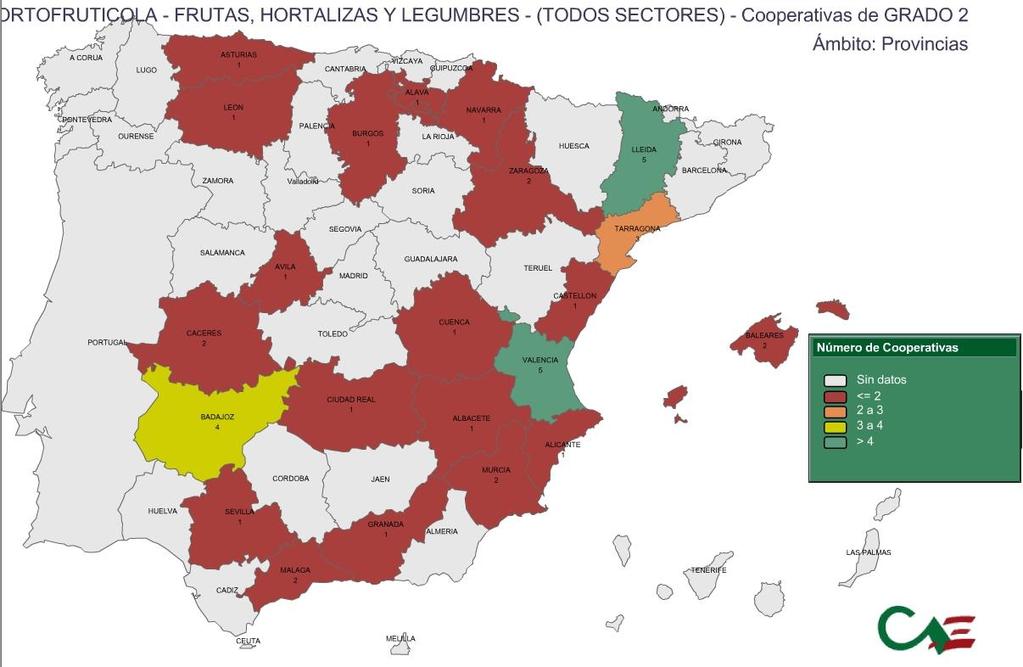 Szekunder kertészeti szövetkezetek eloszlása Spanyolországban