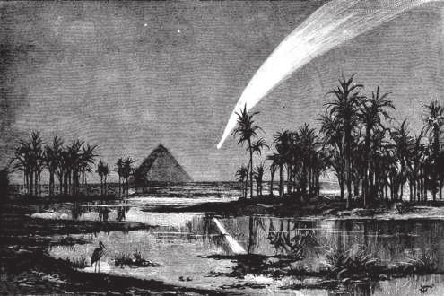 Az 1882-es nagy napsúroló a gízai piramisok felett. Az üstökös csóvája olyan fényes volt, hogy tükröz dött az el térben kanyargó Nílus vizén.